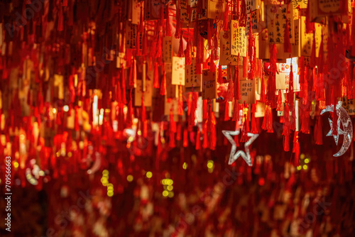 Close-up of Red Chinese Wishing Ribbons with Characters