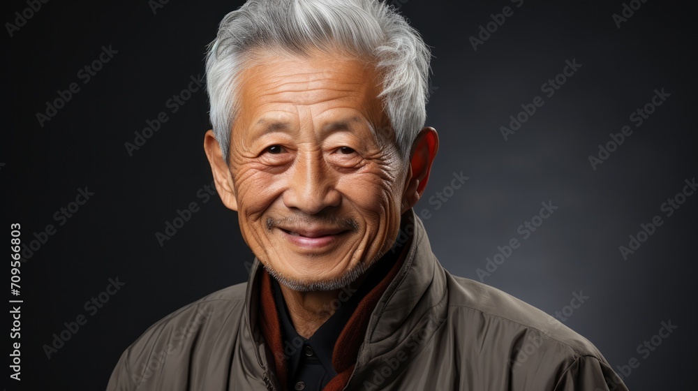 portrait of happy silver hair asian man on gray background.
