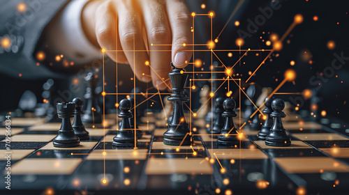 Ecommerce, business organize strategy brainstorm chess board game with hand touch king figure double exposure with digital graphic line connecting diagram business ideas concept, Generative Ai