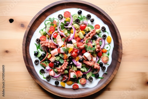 overhead shot of octopus salad with black olives