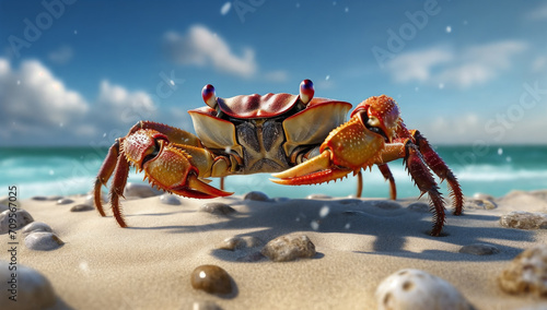 a crab on a beach with rocks and water in the background and a sky with clouds in the background, generative ai © Vitaliy