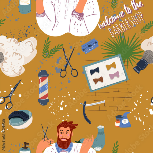 Seamless pattern, background barbers and male clients in barbershop. Hairdressers and male clients in a men's beauty salon. Performing haircuts, hairstyles, hair care, beard care. Flat graphics.