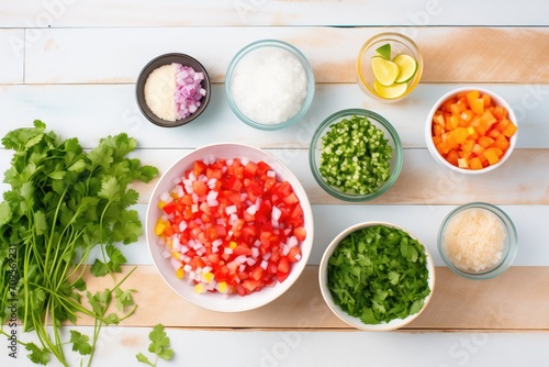top view of colorful pico de gallo ingredients spread out photo
