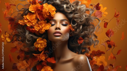 Autumn beautiful woman with orange leaves on head