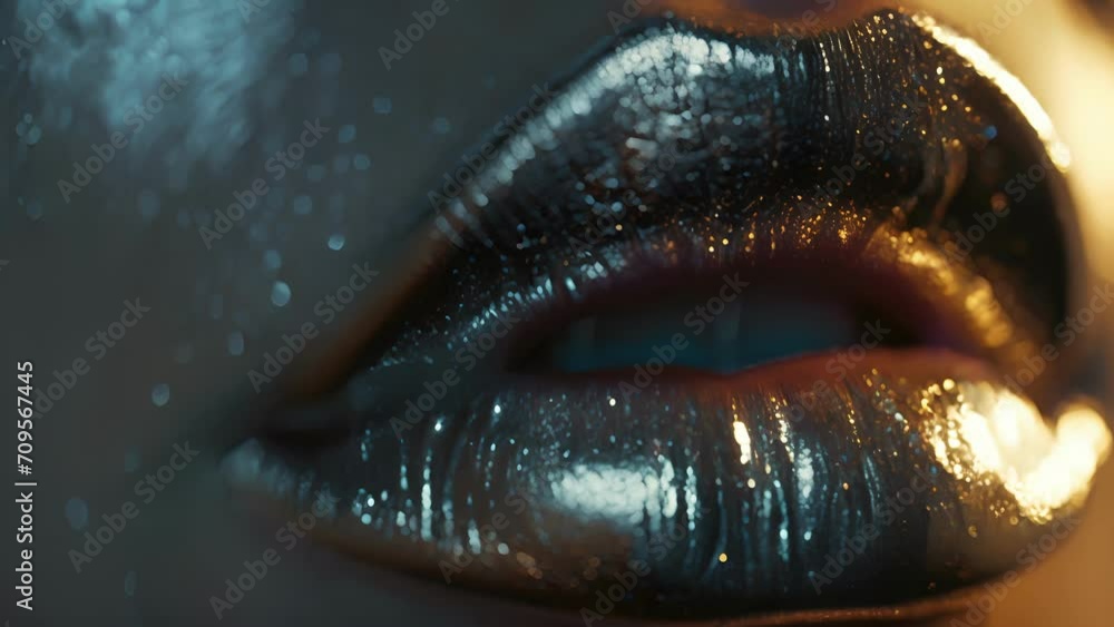 A closeup of a womans lips, covered in shimmery silver gloss, reflecting the moonlight. A closeup of a womans lips, covered in shimmery silver gloss, reflecting the moonlight.