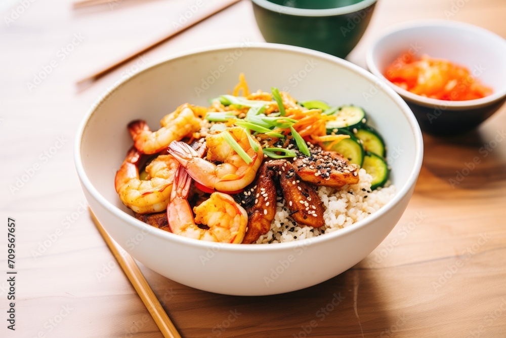 teriyaki quinoa bowl with shrimp and sesame seeds