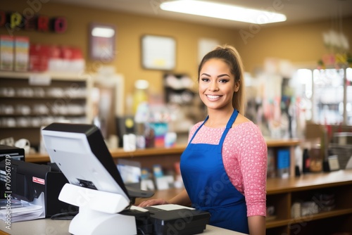 smiling sales associate using cash register