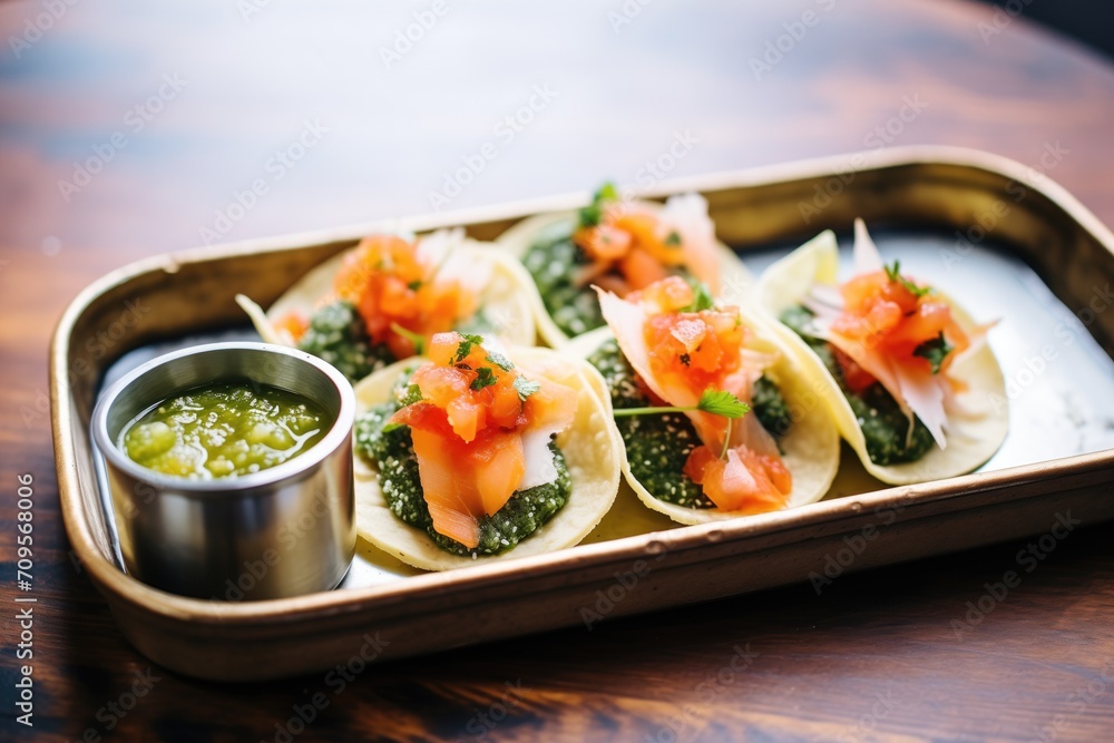 tacos topped with salsa verde on a metal tray tacos topped with salsa verde on a metal tray