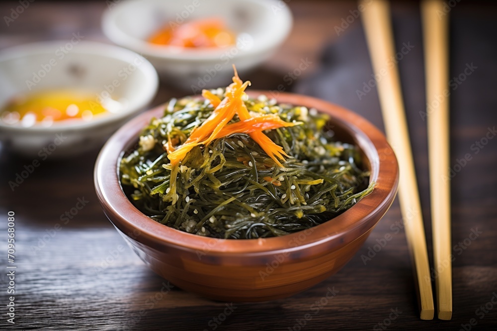 freshly made seaweed salad in a wooden bowl, chopsticks on side freshly made seaweed salad in a wooden bowl, chopsticks on side