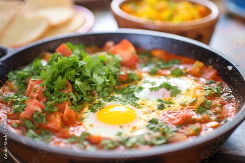 close-up of shakshuka in a clay dish garnished with parsley