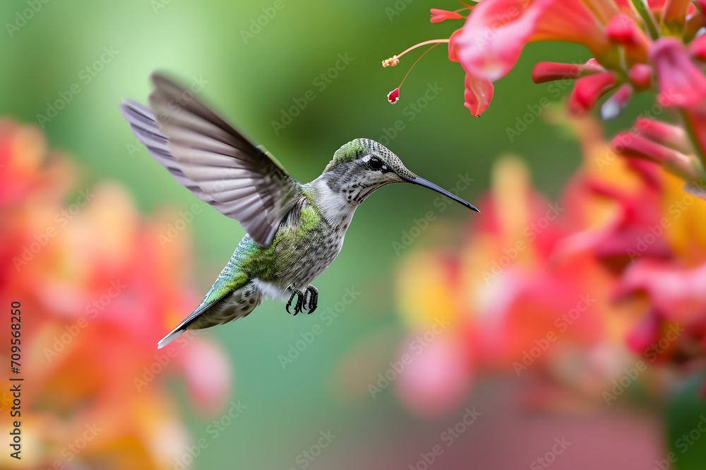 Naklejka premium Anmut in der Luft: Ein majestätischer Kolibri zeigt seine lebendige Schönheit im fließenden Flug, ein farbenprächtiges Naturspektakel der leichten Eleganz