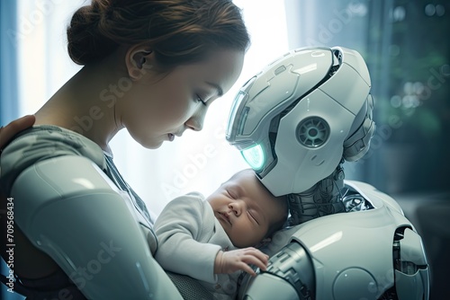 The cyborg robot holds the baby and looks at him with tenderness and care. photo