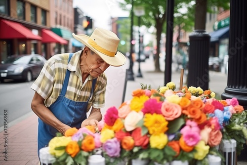 flower seller arranging bouquets in colorful sidewalk display