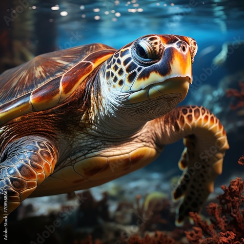 Photo of a wise and ancient sea turtle. Generative AI