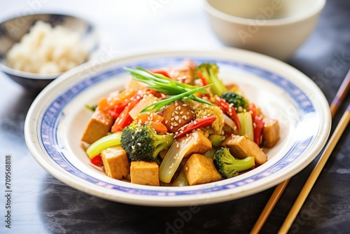 plate of tofu stir-fry with sesame seeds garnish
