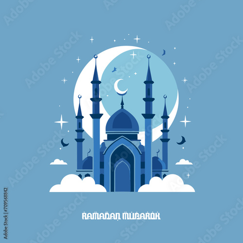 A simple and elegant line art drawing of a mosque with a crescent moon and stars. The mosque has a dome and two minarets, and the lines are delicate and graceful. The image is serene and peaceful, and