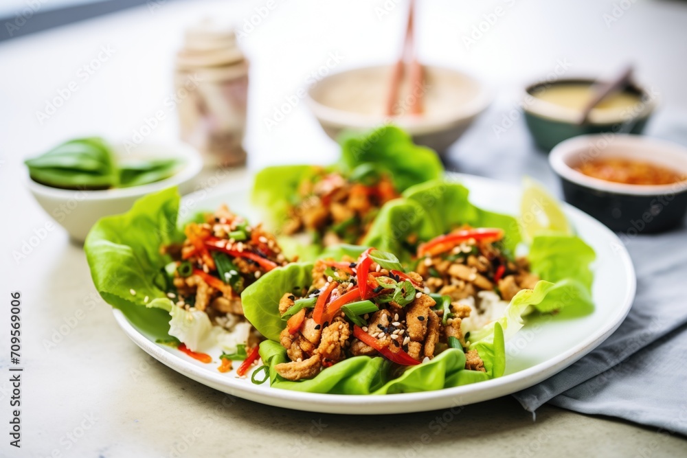 a platter of turkey lettuce wraps garnished with sesame seeds a platter of turkey lettuce wraps garnished with sesame seeds