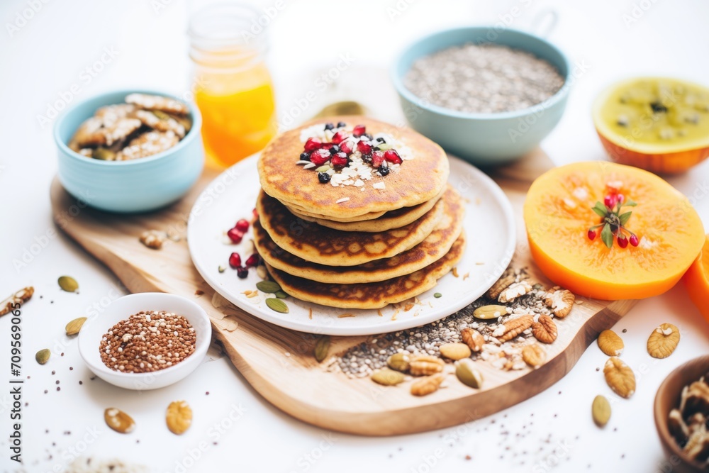 vegan pancakes surrounded by assorted nuts and seeds vegan pancakes surrounded by assorted nuts and seeds