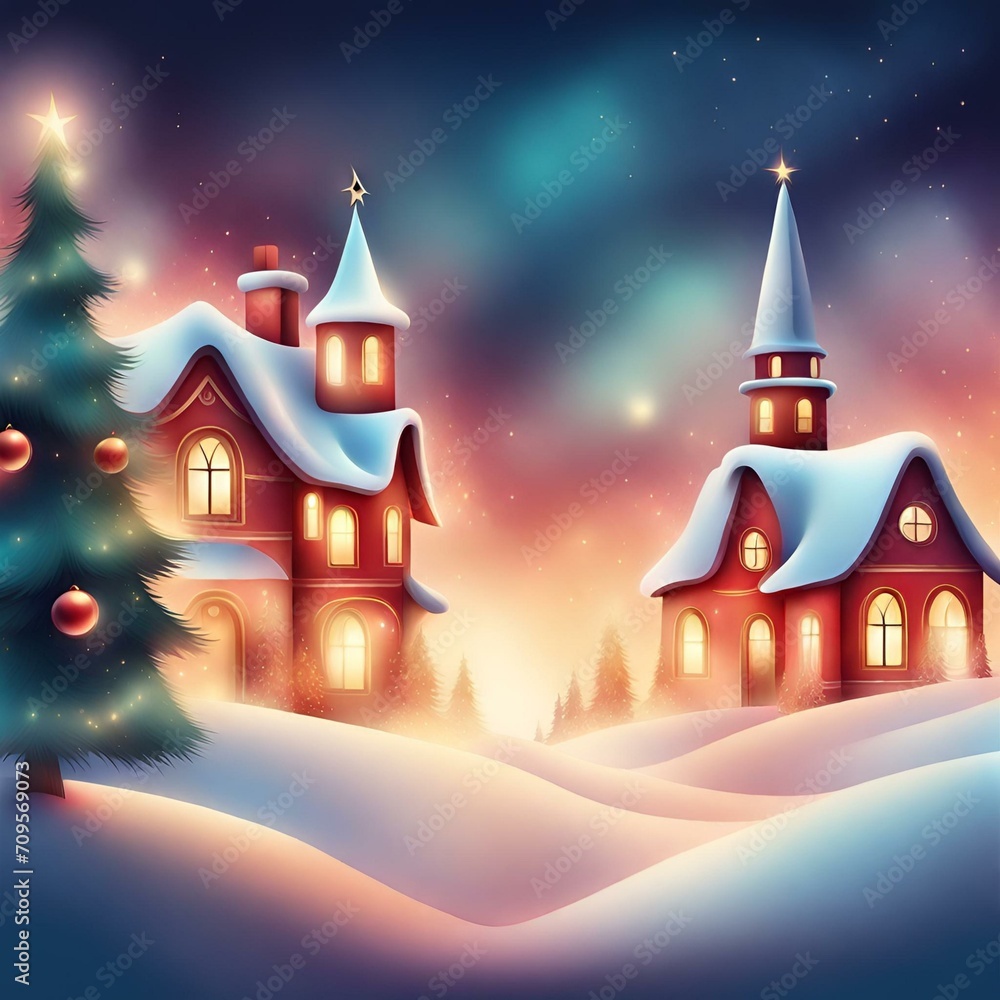 Beautiful outdoor Christmas scene illustration of houses with a snowy winter landscape in a village