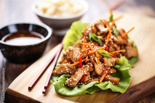 close-up of turkey lettuce wrap with hoisin sauce drizzle photo
