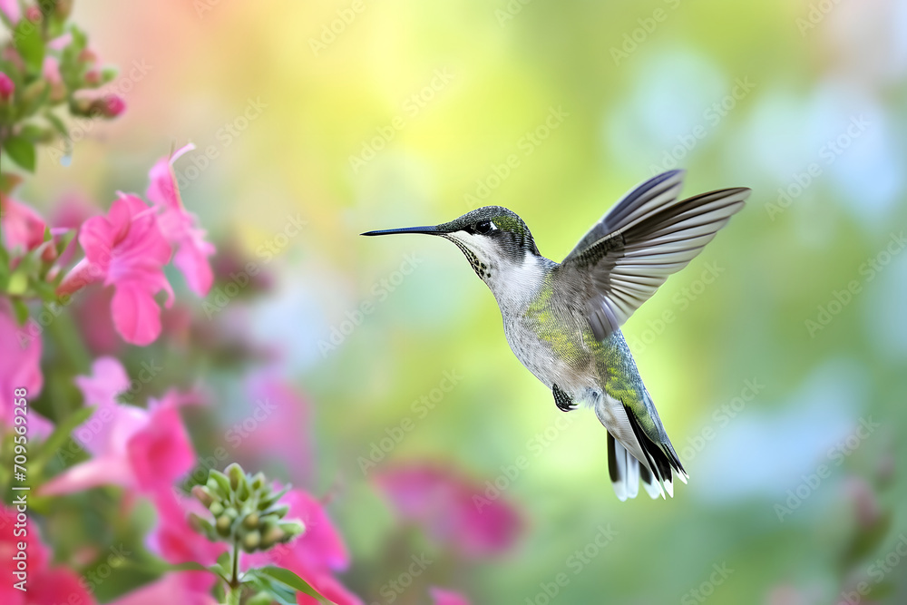 Naklejka premium Anmut in der Luft: Ein majestätischer Kolibri zeigt seine lebendige Schönheit im fließenden Flug, ein farbenprächtiges Naturspektakel der leichten Eleganz