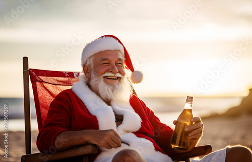 Christmas Santa Claus resting on sun at lounger chair at ocean tropical beach