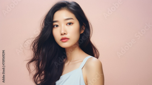 Portrait of beautiful asian woman with long hair on pink background