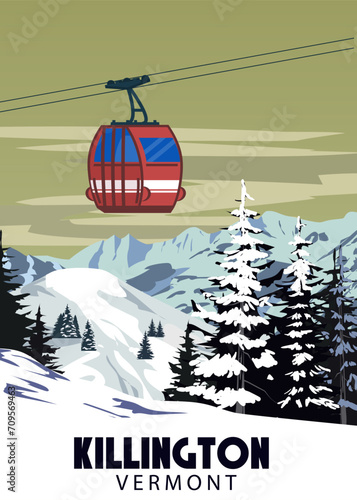 Travel resort Killington Ski poster vintage. Vermont USA winter landscape travel card