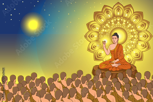 Makha Bucha day is an important Buddhist Day. The lord Buddha sits on a rock With Dharmachakra . Is teaching the monks with a background of grass, trees, and full moon and the stars of the night.