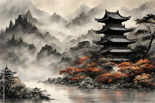 Chinese traditional ink painting of castle ai generation © Amit