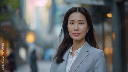 Portrait of middle age Asian businesswoman wearing gray suit standing in city street.