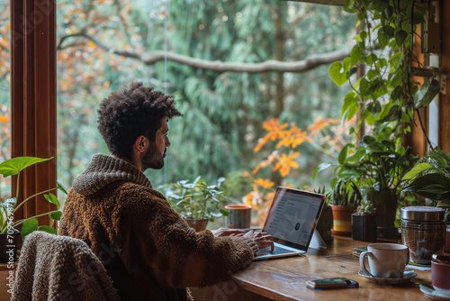 Man working from home at his plant lovers desk with a forest view in his cabin
