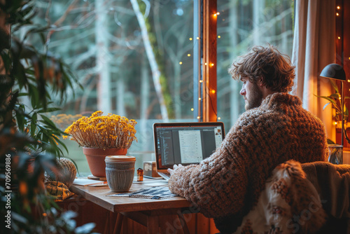 Man working from home at his plant lovers desk with a forest view in his cabin