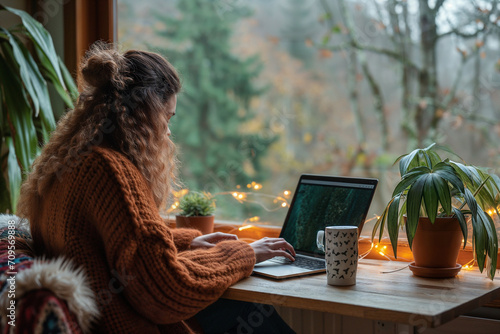 Woman working from home at her plant lovers desk with a forest view in her cabin