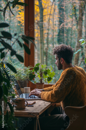 Man working from home at his plant lovers desk with a forest view in his cabin
