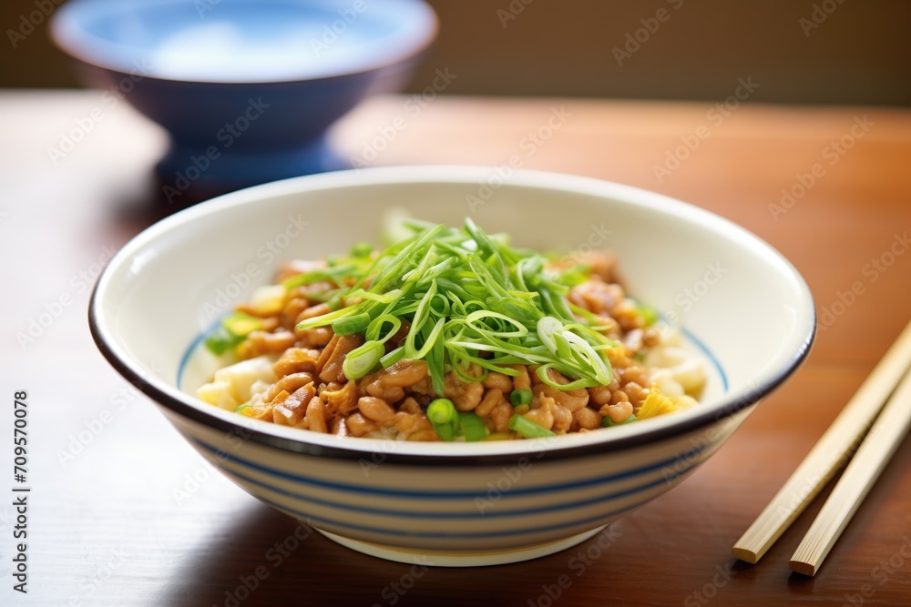 natto with sliced green onions and mustard topping natto with sliced green onions and mustard topping