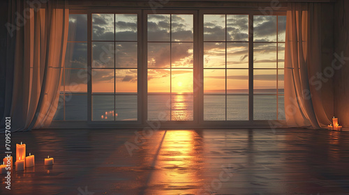 empty room with window and candles, sunset or sunrise view background © Planetz