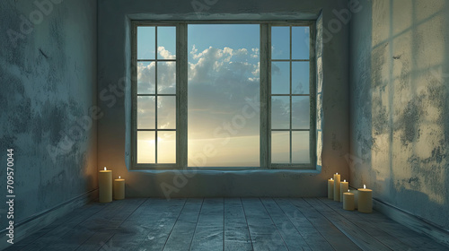 empty room with window and candles  sunset or sunrise view background