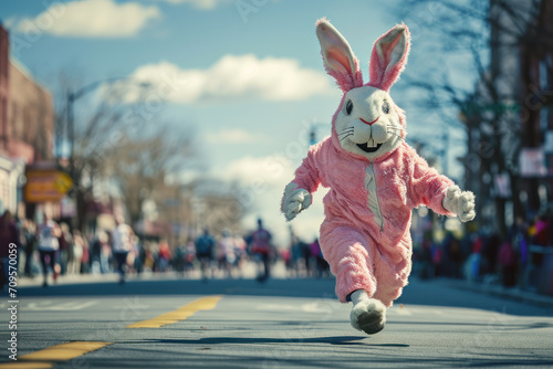 Character dressed as a bunny runs down the street with a marathon