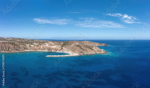 Gavdos island, Crete Greece. Aerial drone view of beach, wild rocky landscape, sea water, blue sky.