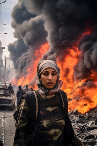 War, woman standing in front of burning building with fire and smoke 