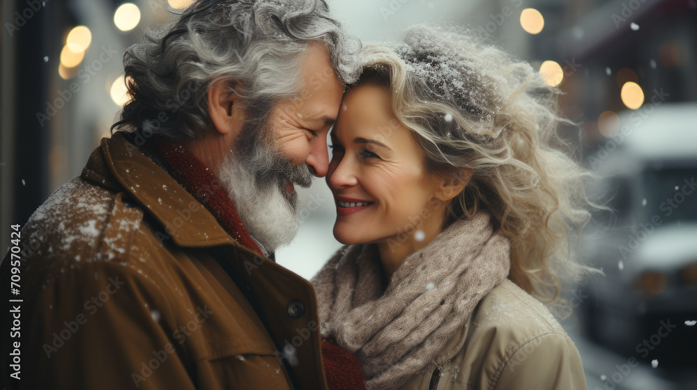 Happy Mature couple smiling to each other and sharing love moment together outside under the snow with a blurry background Happy Mature couple smiling to each other and sharing love moment together outside under the snow with a blurry background