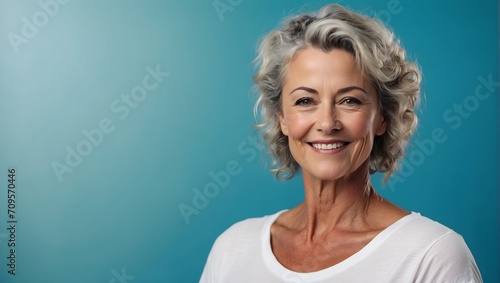 Close up of a 50s middle age woman smiling and wearing a white t-shirt on a turquoise background