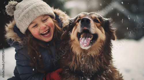 Laughing Young Girl with long brown hair with a wooly hat playing with her happy brown big dog in the snow with a blurry background photo