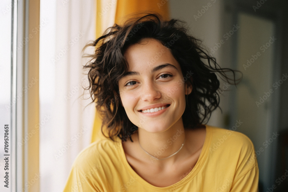Portrait of a beautiful young woman with curly hair smiling at the camera . Portrait of a beautiful young woman with curly hair smiling at the camera .