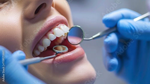 Close-up of patient's open mouth during oral checkup with mirror photo