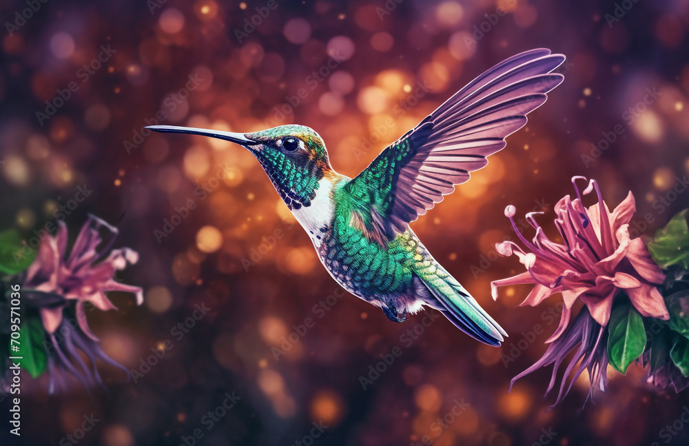 a hummingbird flying over a flower with a blurry background of flowers and leaves in the foreground, generative ai