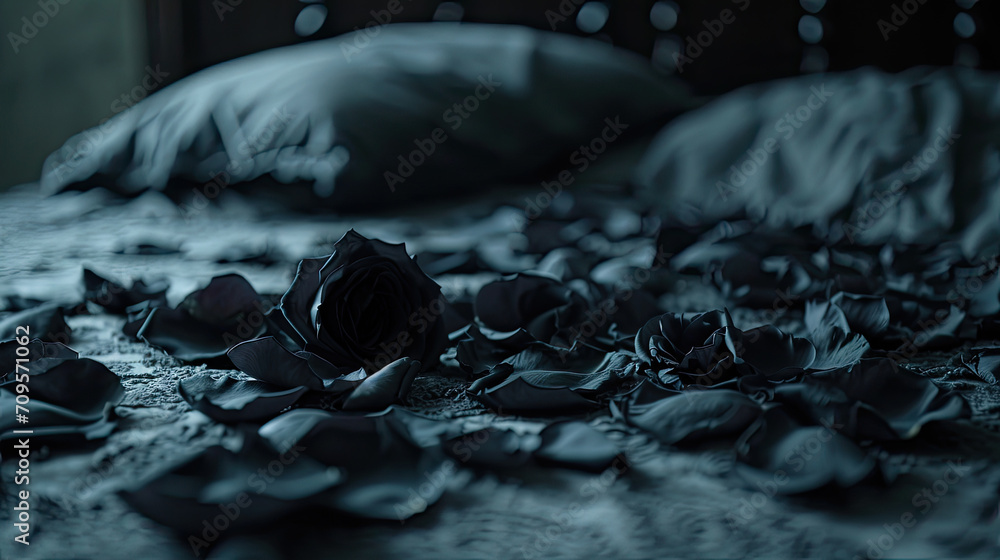 black rose petals on a bed with bedspreads in home, valentines day - obrazy, fototapety, plakaty 