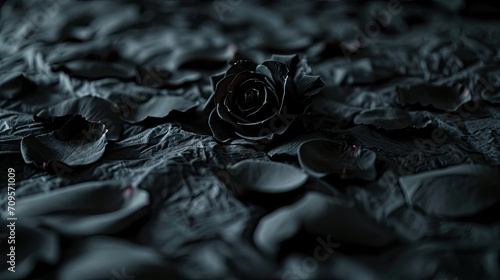 black rose petals on a bed with bedspreads in home, valentines day