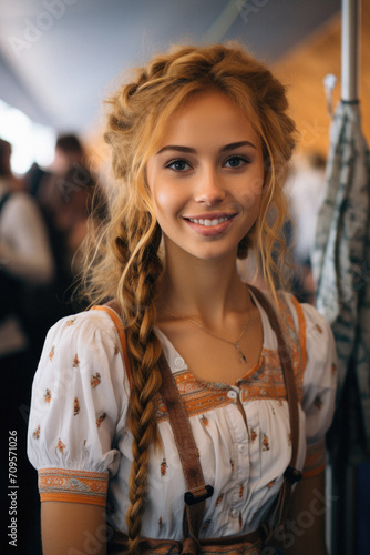 Beautiful young woman in traditional bavarian clothes posing in cafe .